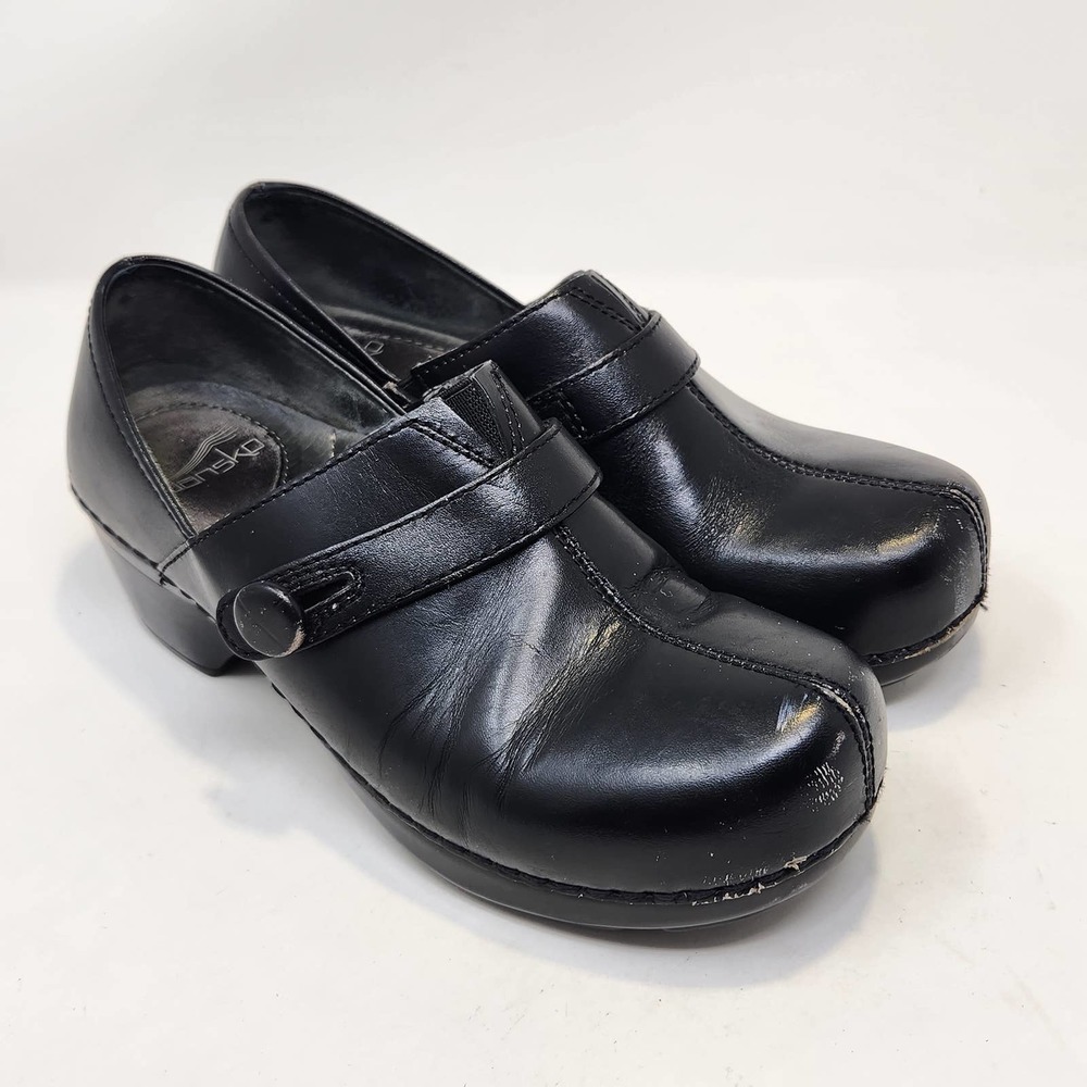 Dansko Solstice Black Leather Split Toe Clogs Womens 37 US 6.5 Comfort Slip On